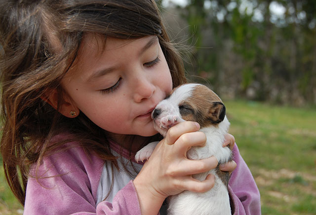 Girl cuddling puppy